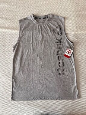 Reebok Men's Light Gray Sleeveless Training Tank with Vertical Logo